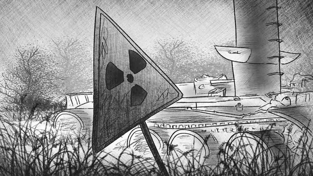 Limpiando la 3a unidad de potencia de Chernobyl: una escoba, un cubo con trapo y una pala